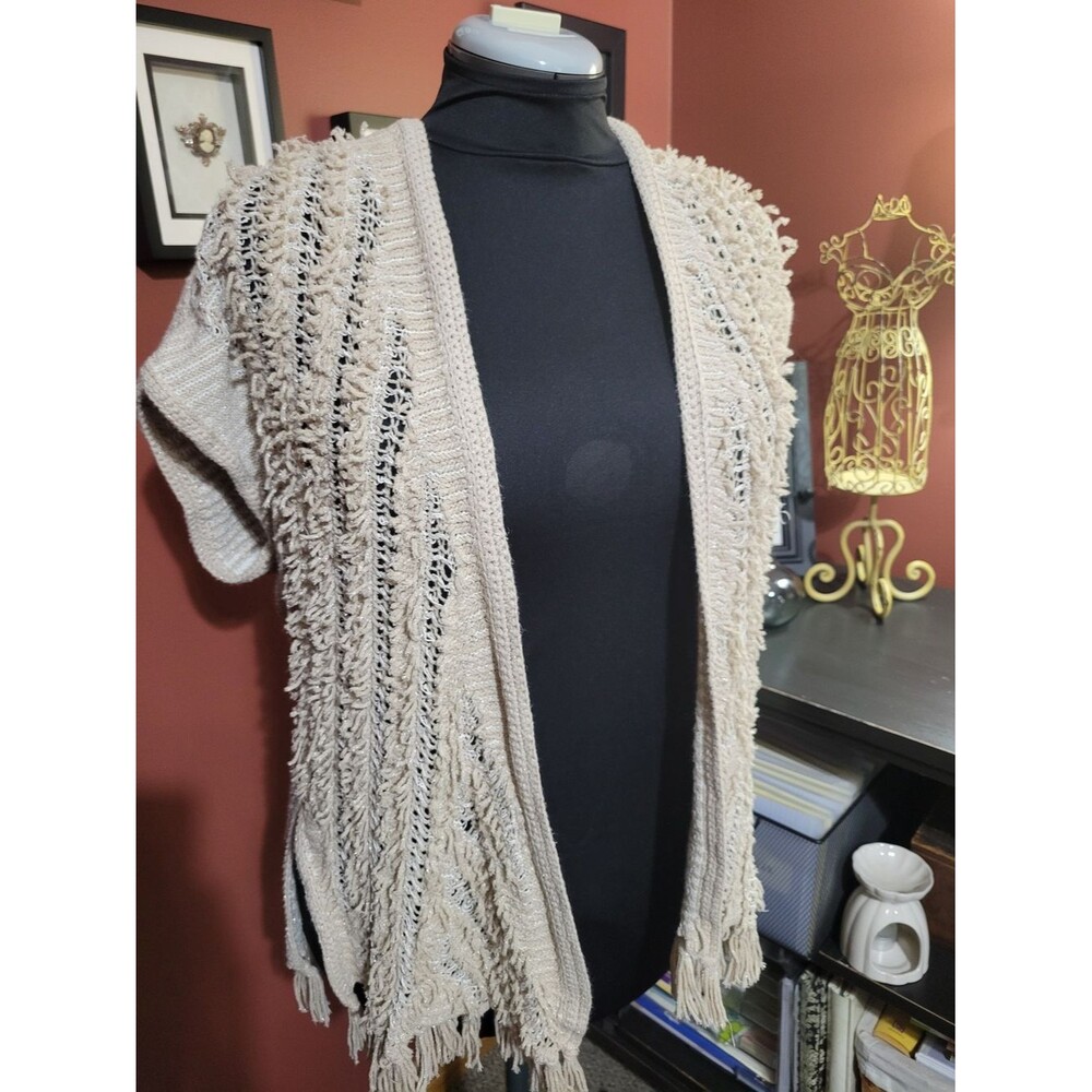 Loft Women's S Beige Open Front Knit Fringe Vest Boho Chic Festival Wear Hippie